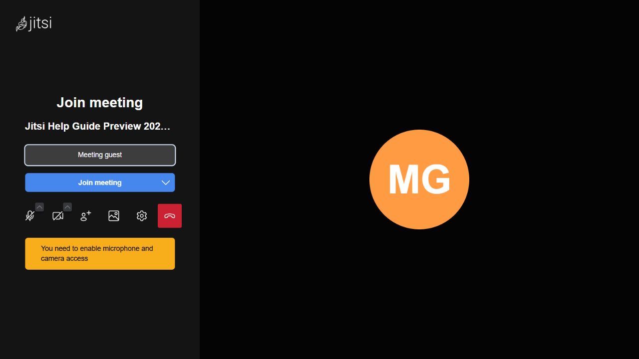 Jitsi Meet preview with a display name, Join meeting button and a message that microphone and camera access must be enabled.
